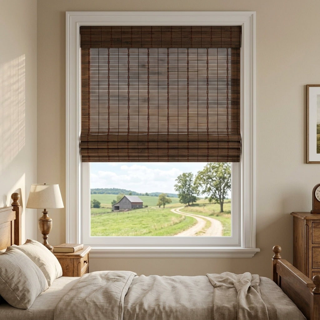 Dark woven bamboo shade above a bedroom window