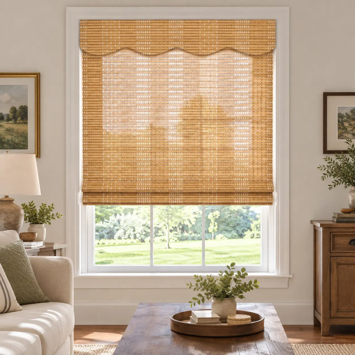 Natural bamboo shade with a shaped valance in a living room