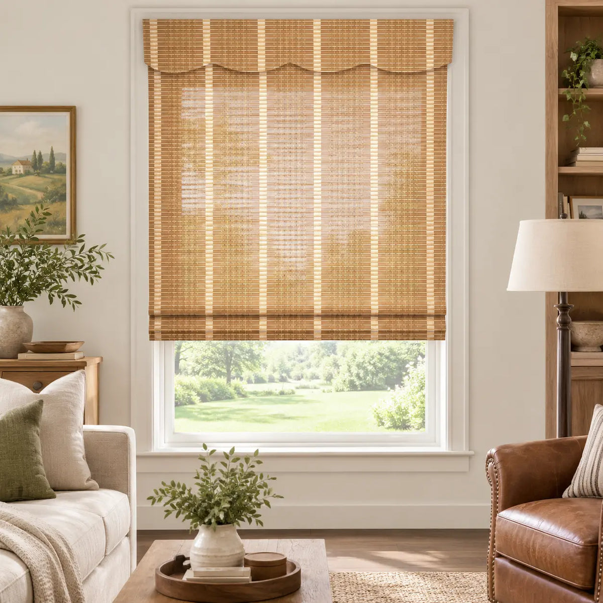 Woven bamboo shade above a living room window and coffee table