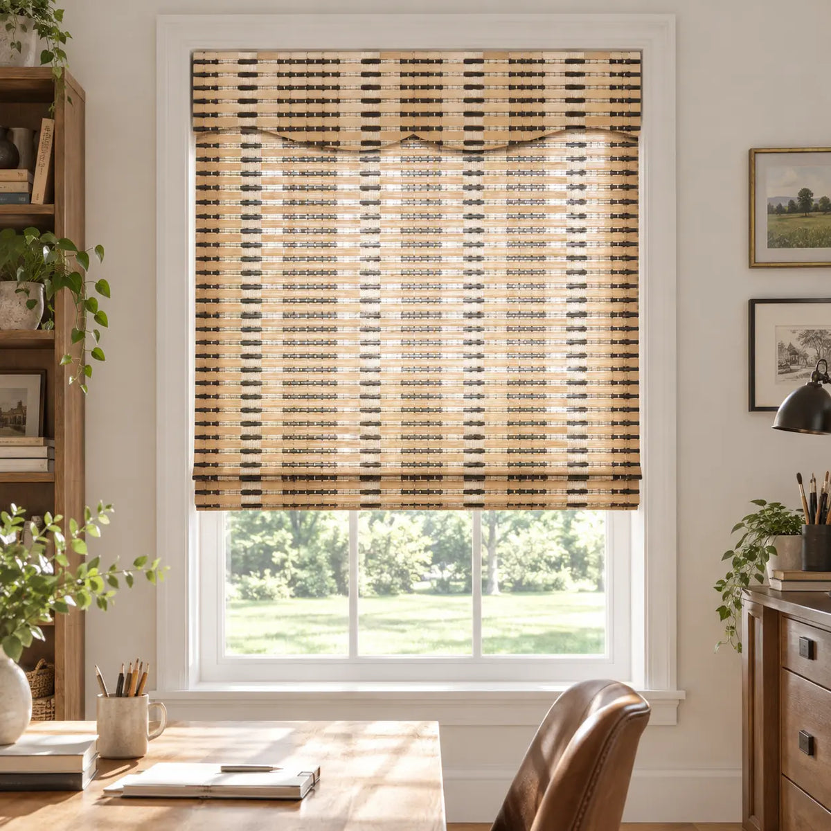 Woven bamboo shade above a dining room window
