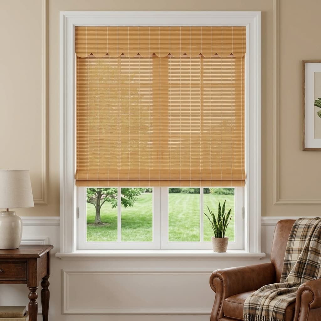 Natural bamboo shade over a window beside a reading chair