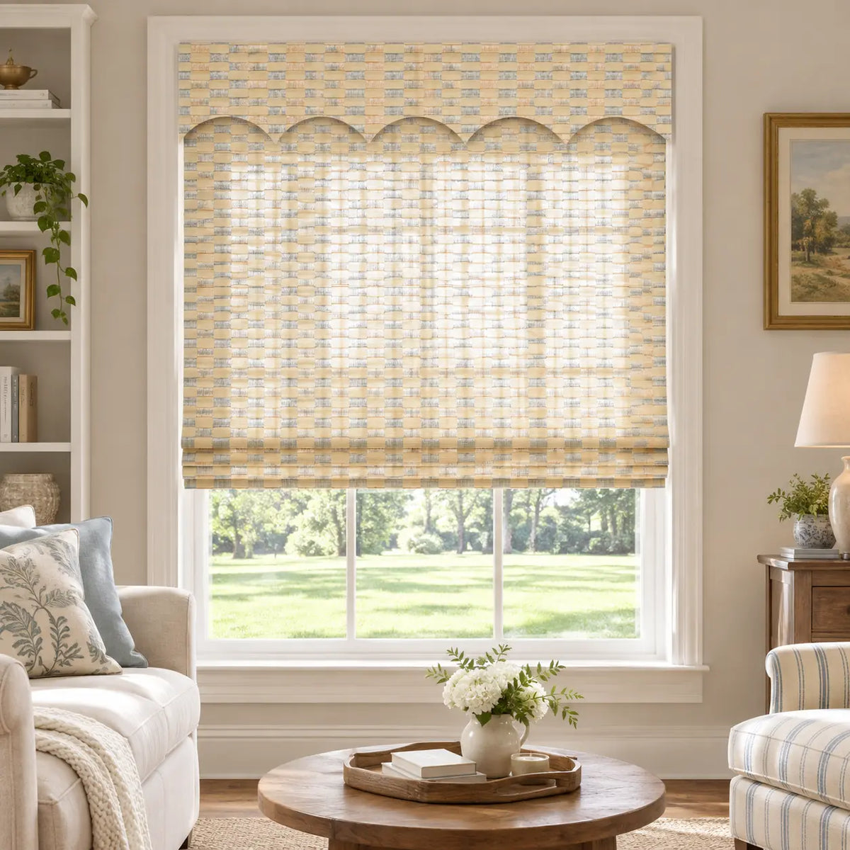 Pale woven bamboo shade above a window in a living room