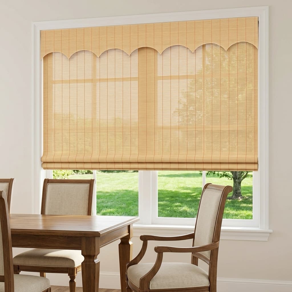 Natural bamboo shade with a shaped valance beside a home office desk