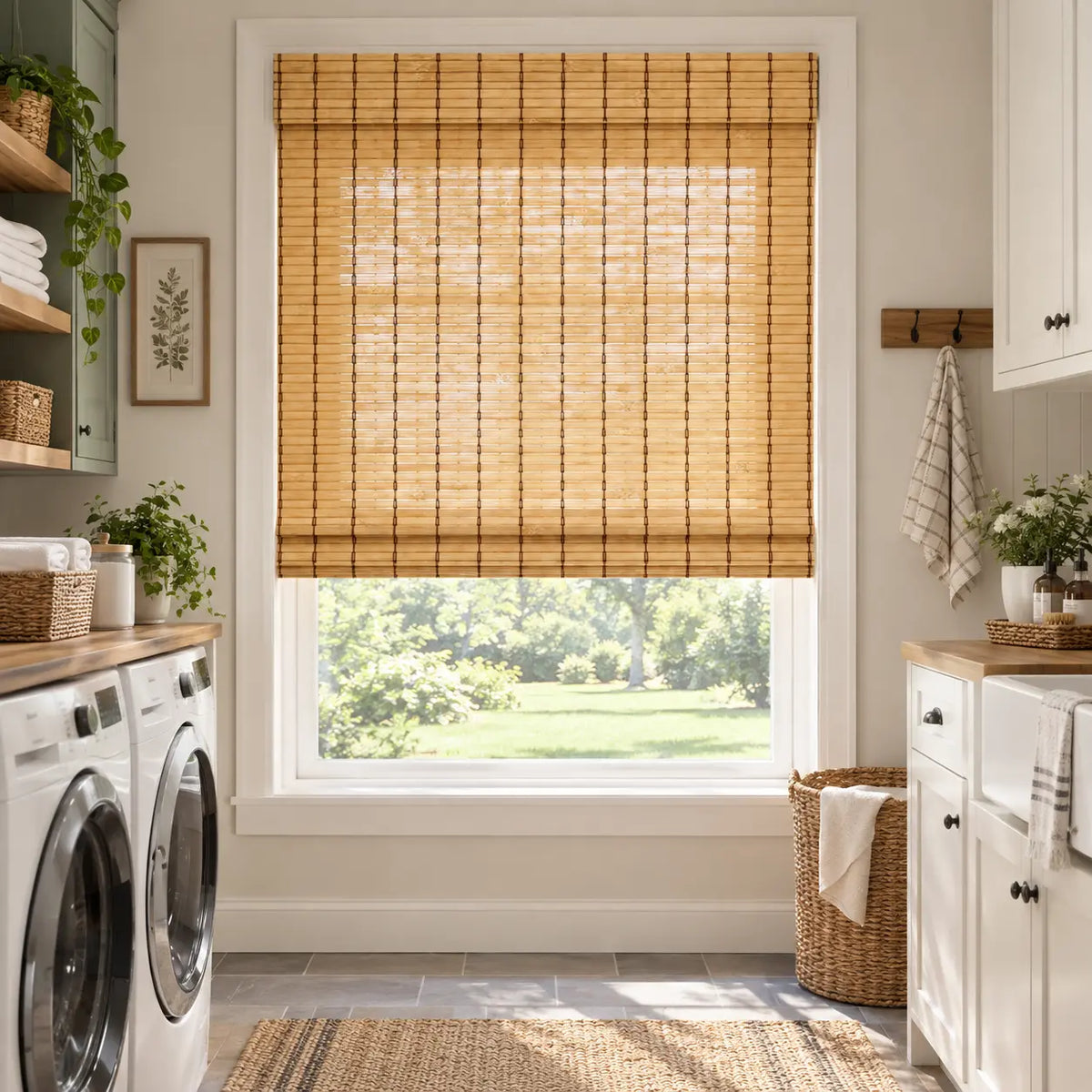 Woven bamboo shade above a laundry room window