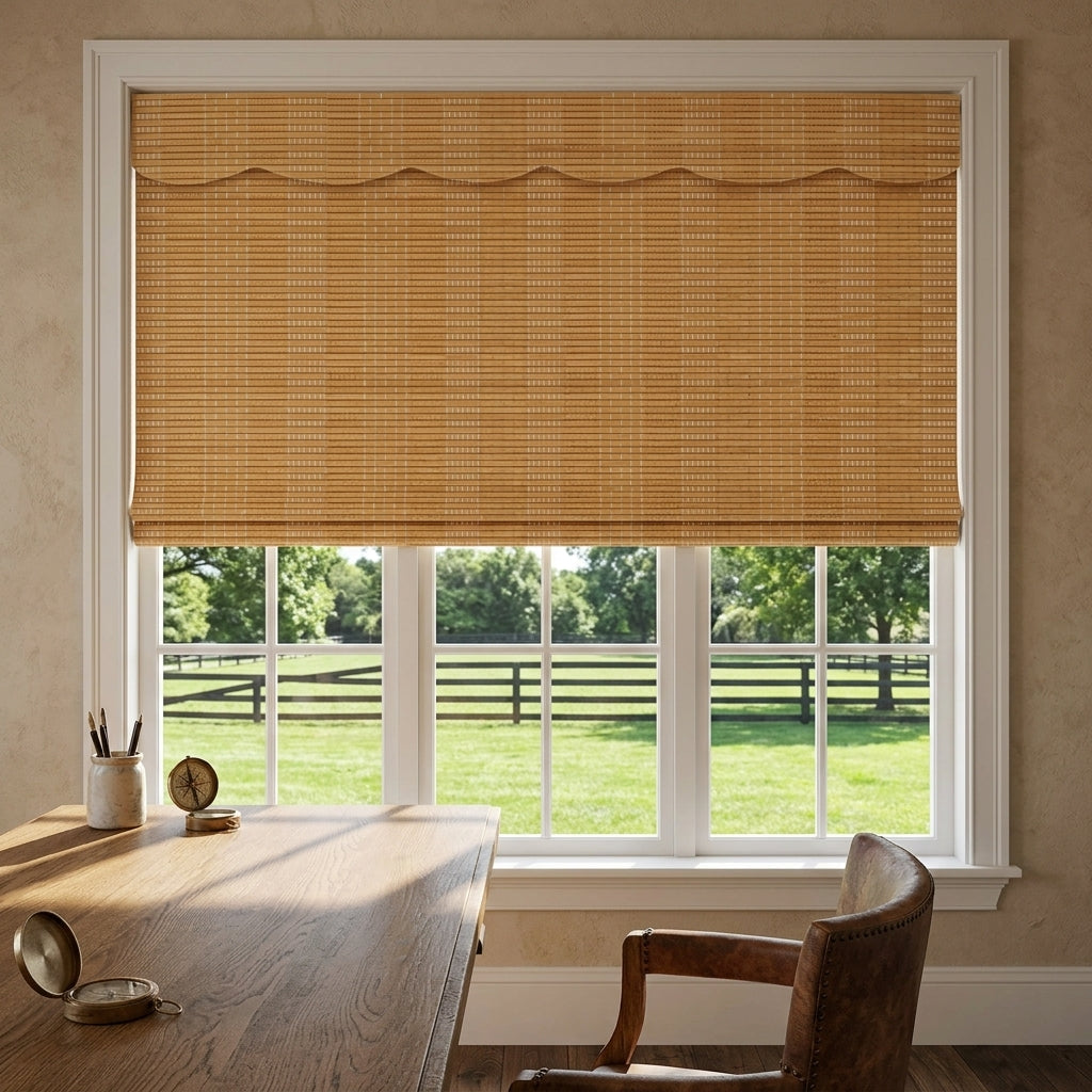 Natural bamboo shade above a window behind a home office desk