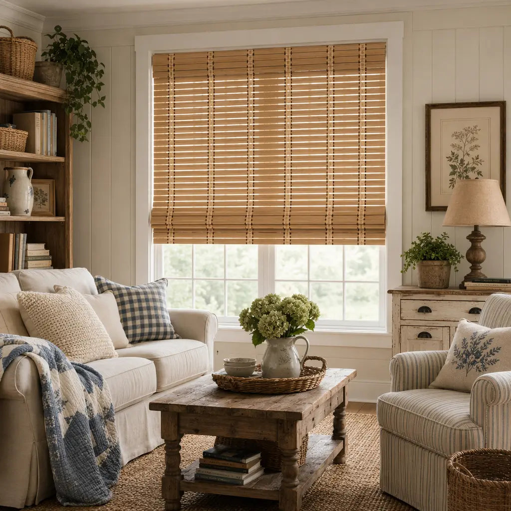 Custom Bamboo Shades – Natural Woven Light Filtering – color OM12B-07