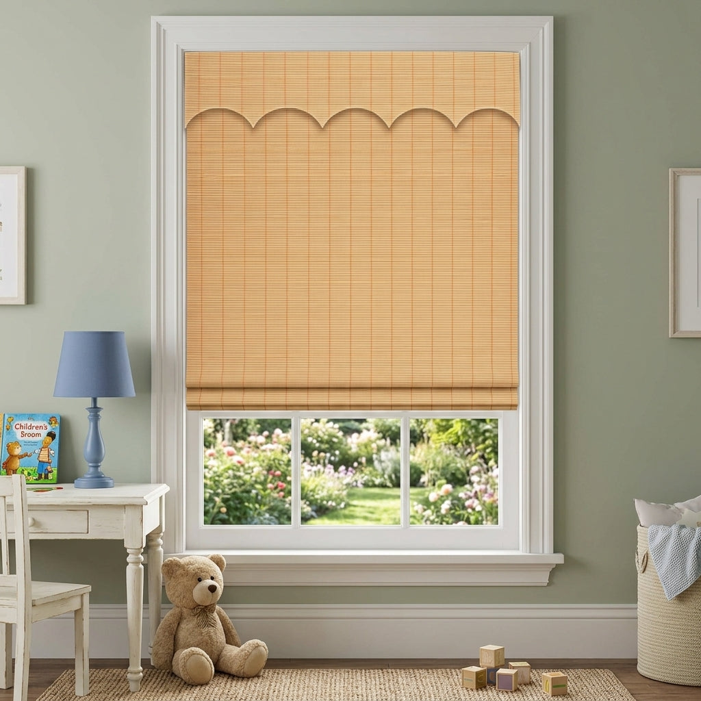 Pale bamboo shade above a window and reading area