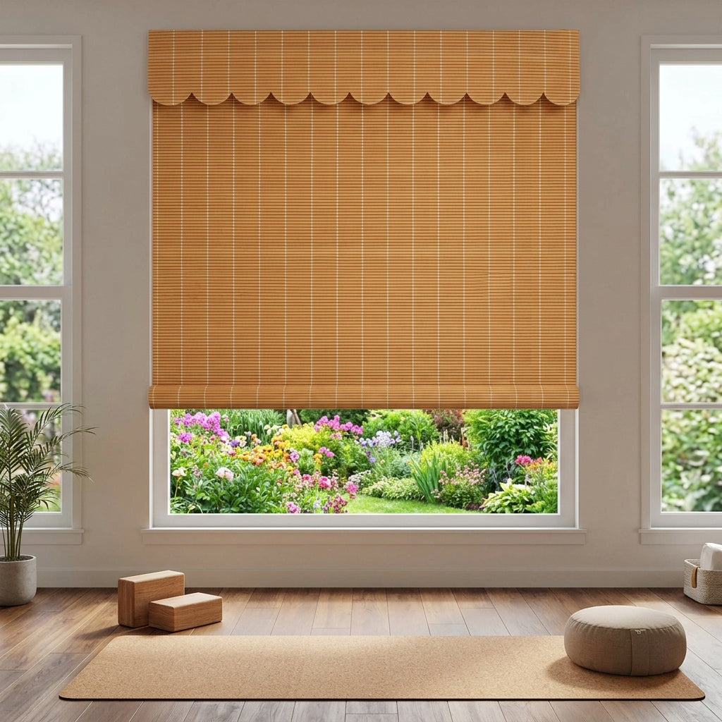 Bamboo shade with a shaped valance above a window and low bench