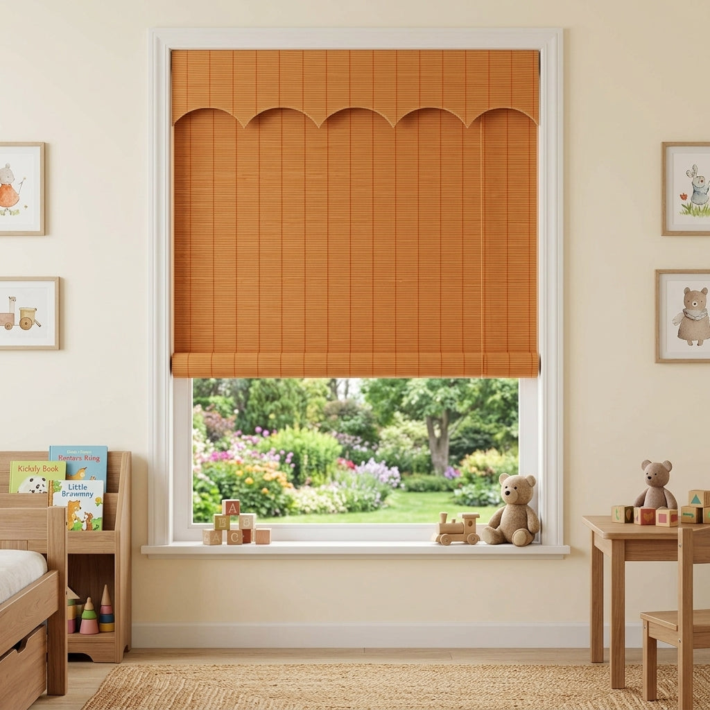 Natural bamboo shade with a shaped valance over a window