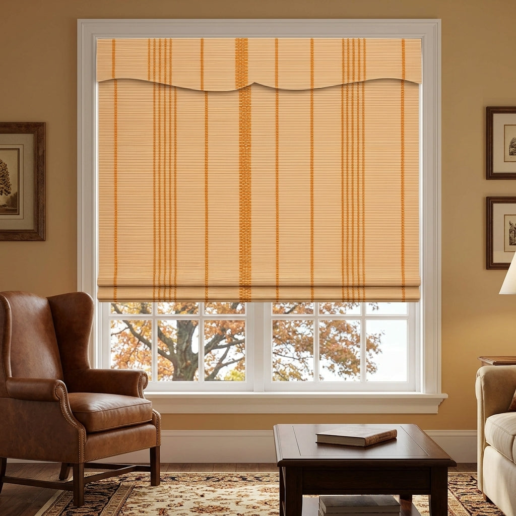 Bamboo shade above a living room window and coffee table