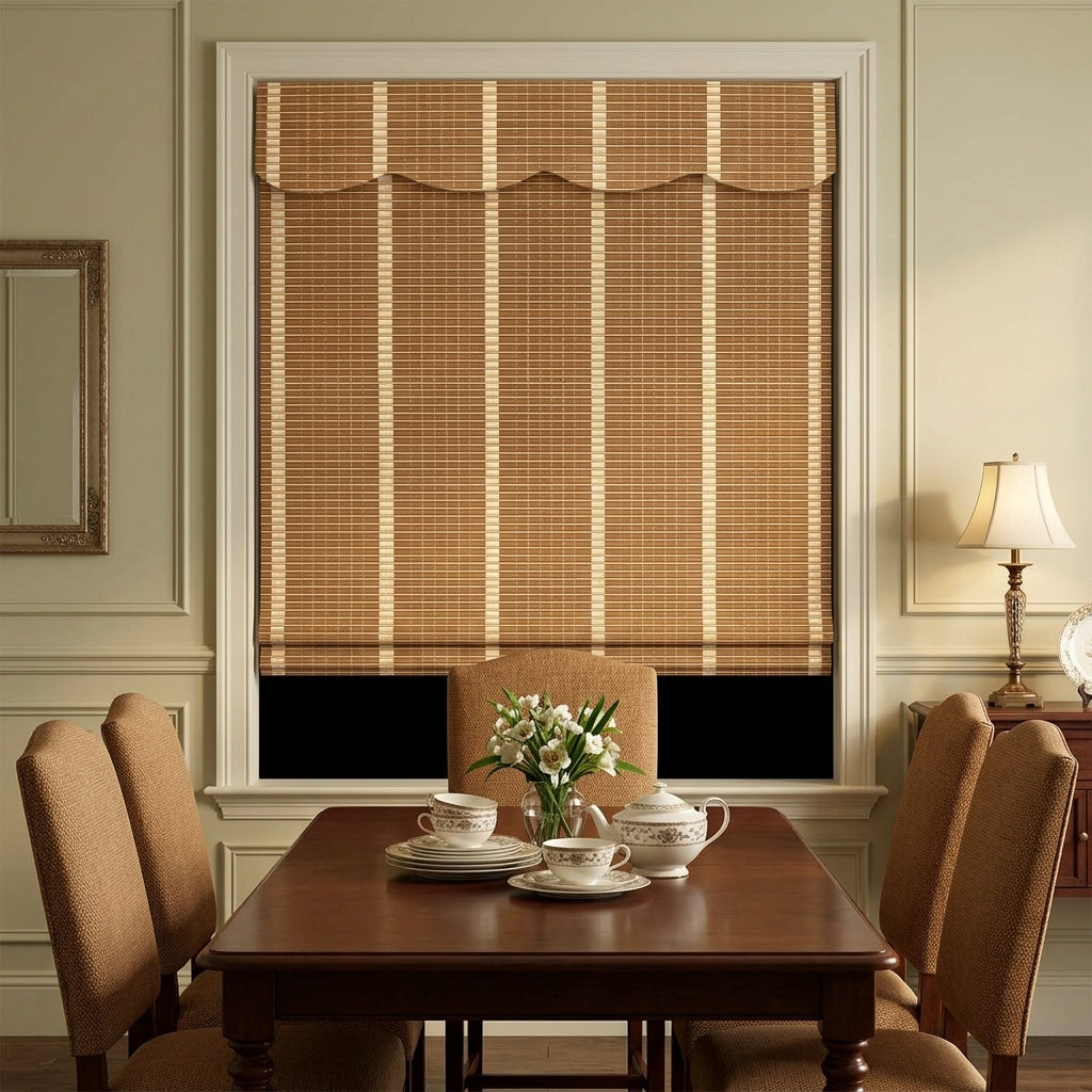 Brown bamboo shade above a dining room table