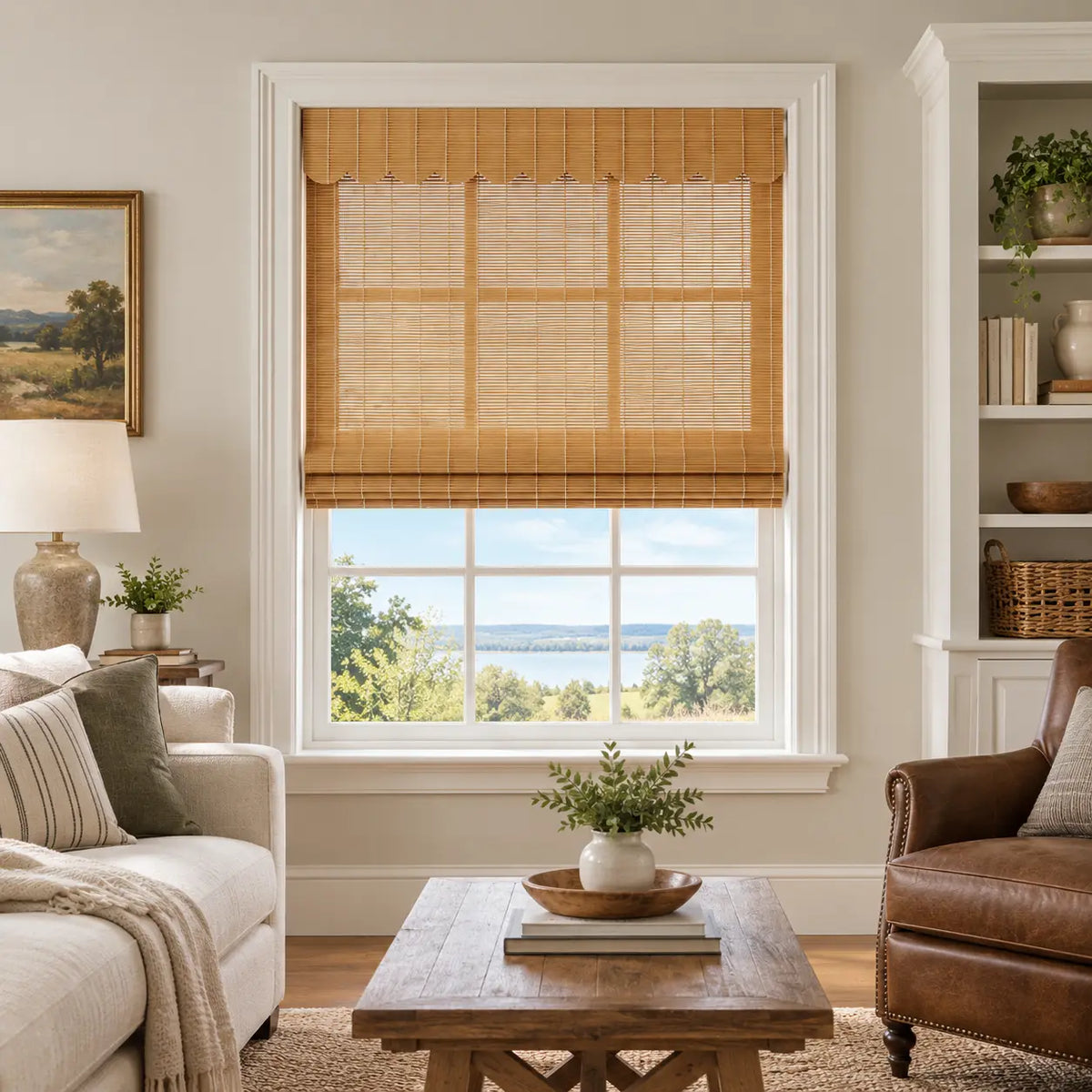 Bamboo shade above a sitting room window and coffee table