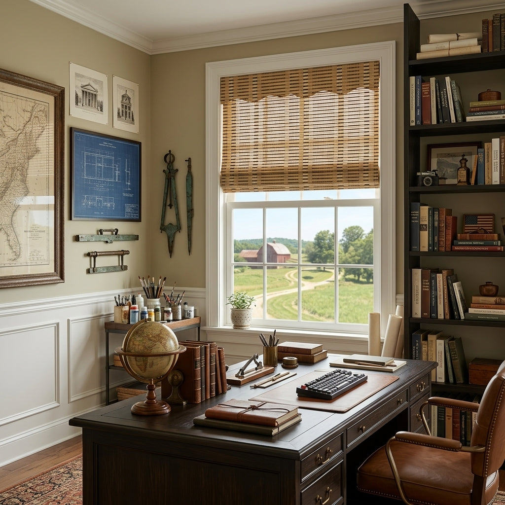 Woven bamboo shade above a home office desk