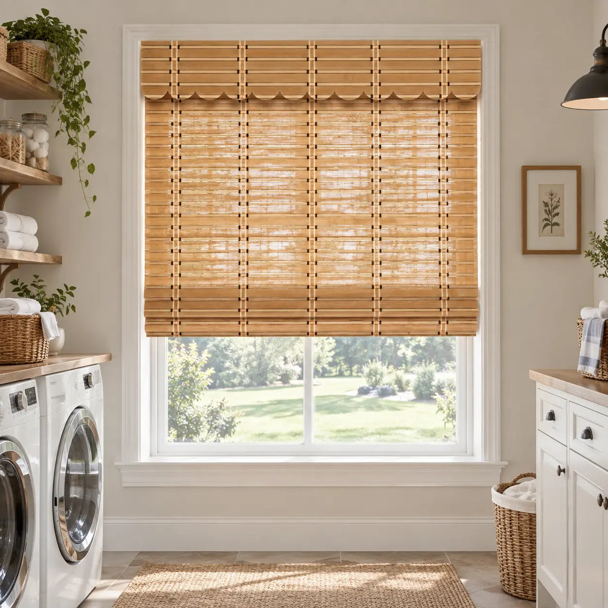 Natural woven bamboo shade above a laundry room window