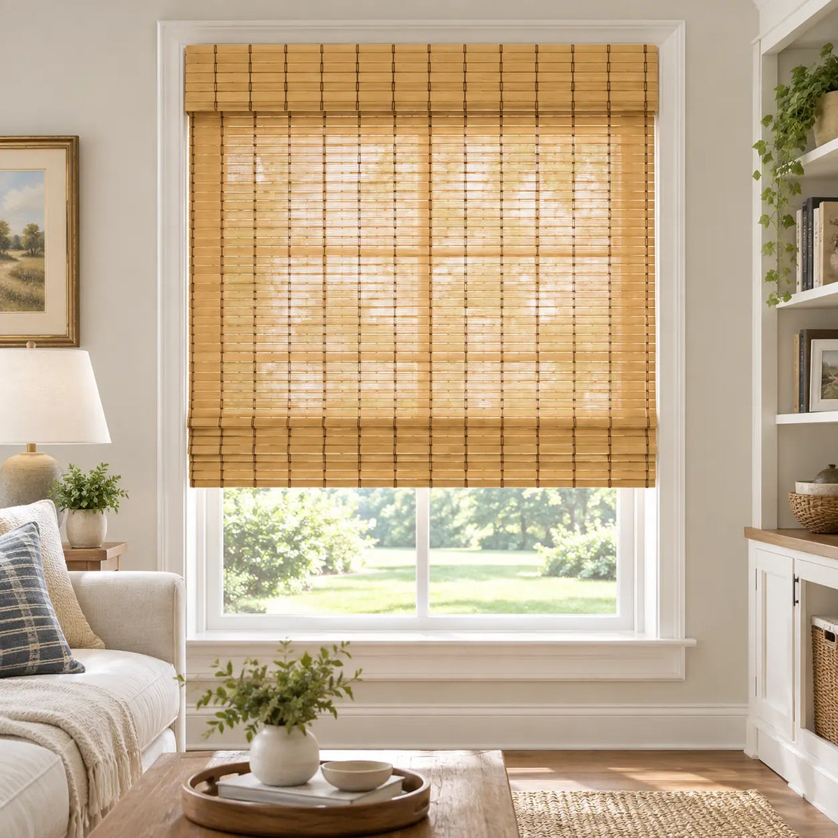 Bamboo shade above a sitting room window